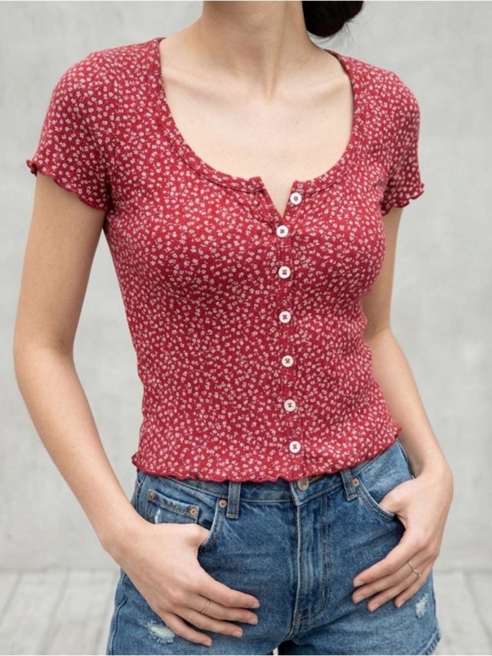 Brandy Melville red floral button up top